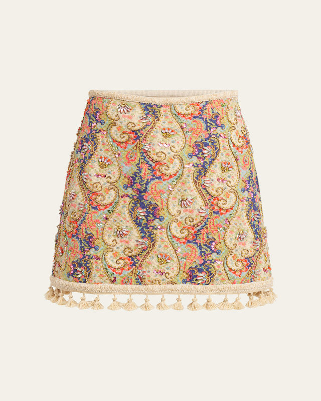 Embellished Tassel-Trim Piquet Mini Skirt